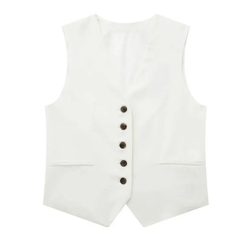 TRAFZA Women Vinatge Fashion Shorts Set Solid White Sleeveless Vest+Pockets Pants Female Two Pieces Set Street Roupa De Mujer