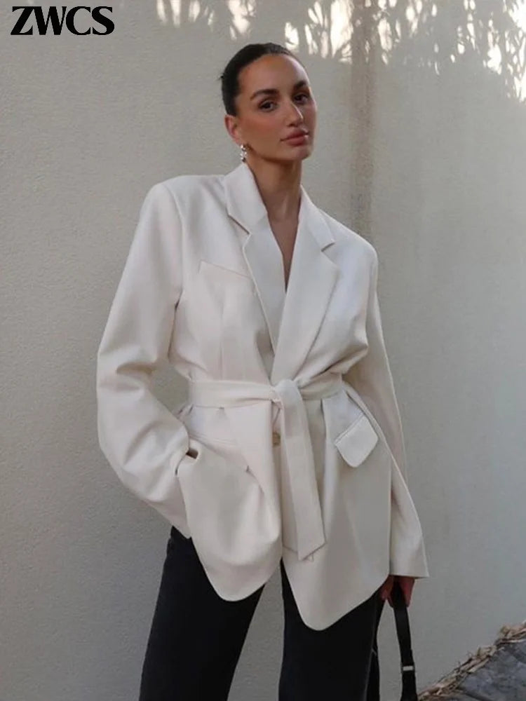 Elegant Lapel Belt Blazers Coat Women Casual Long Sleeve Pockets Turn-down Collar Tops 2025 Autumn New Lady Chic Urban Outwear