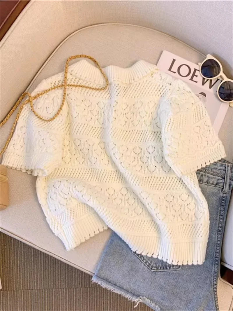 Sweet Sle Short Sleeve Knitted Shirt 2025 New Summer Hollow Out Crochet Design Thin Pullover Top Women's Blouse