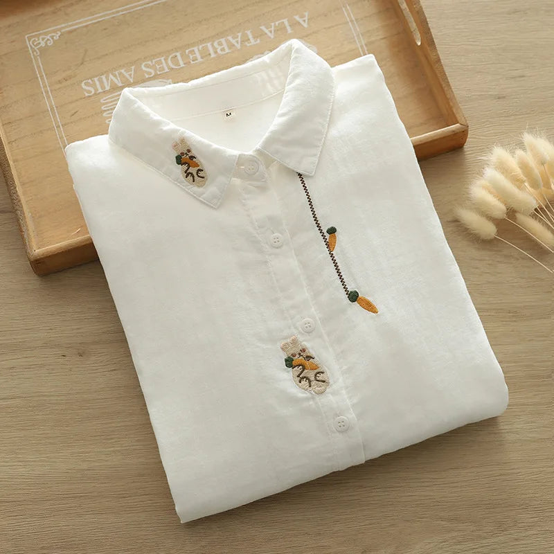 Cotton yarn base shirts woman tops 2025 Japan style elegant plus size white blouses long sleeve heart-shaped embroidered shirts