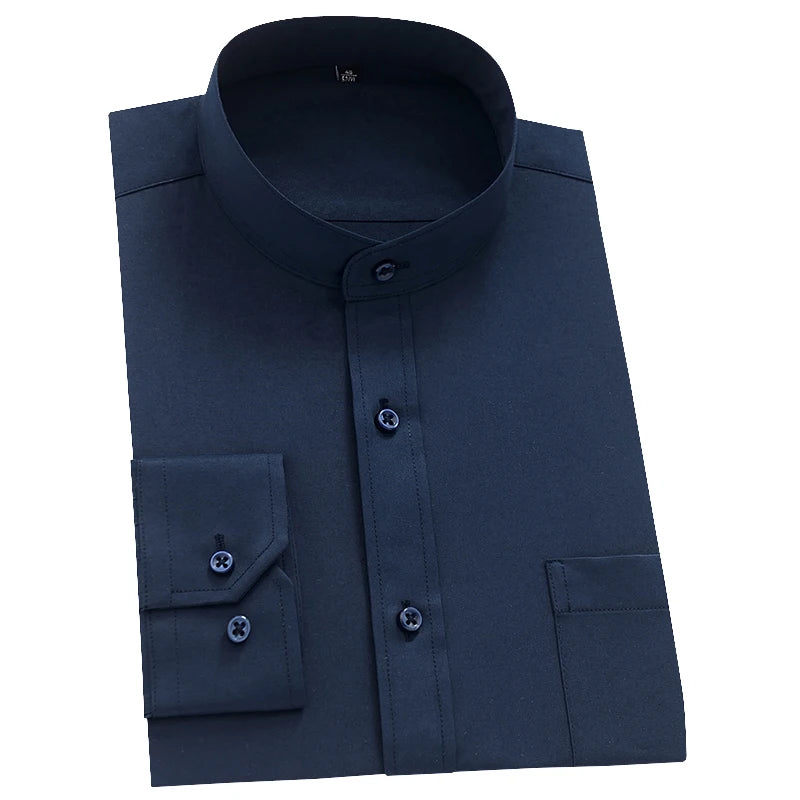 Men's Long Sleeve Mao-collar (Mandarin Collar) Shirt Single Patch Pocket Smart Casual Regular-fit Business Office Dress Shirts