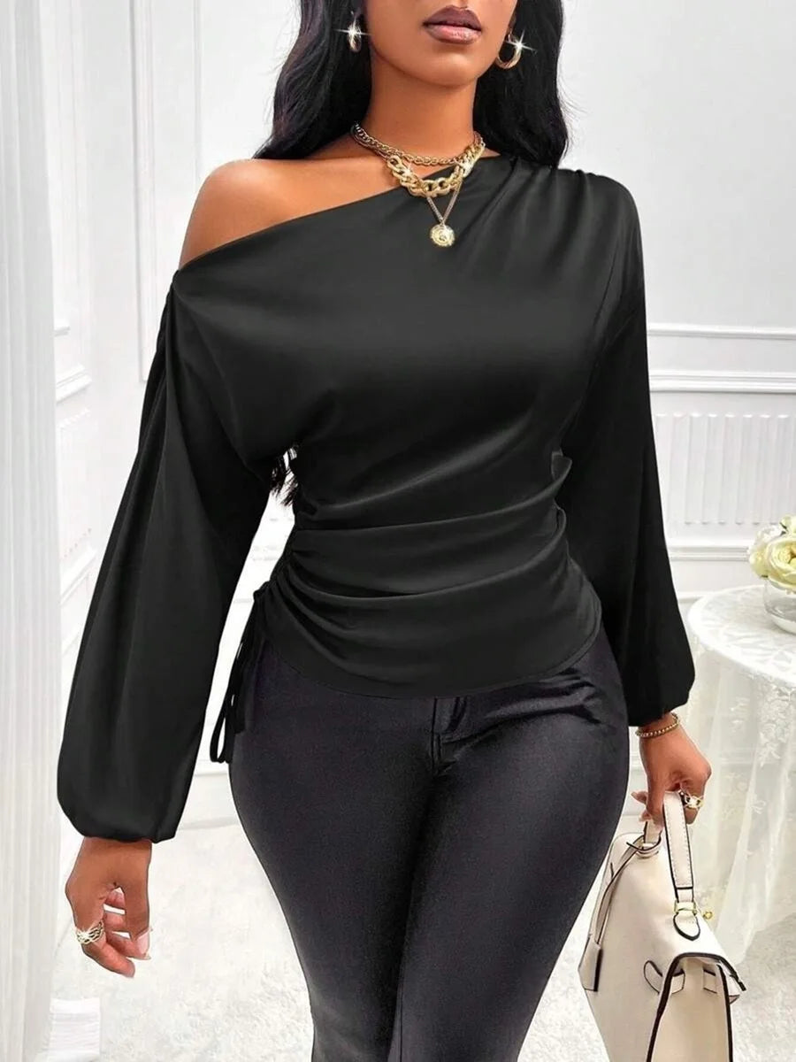 Autumn Winter Temperament Slant Shoulder Long Sleeve Sexy Open Shoulder Loose Slant Collar Design Blouse