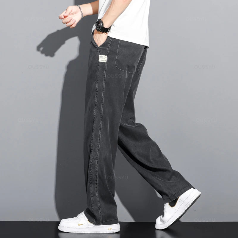 Summer High Quality Lyocell Fabric Jeans Men Loose Straight Thin Elastic Waist Casual Denim Pants Grey Trousers Large Size M-5XL