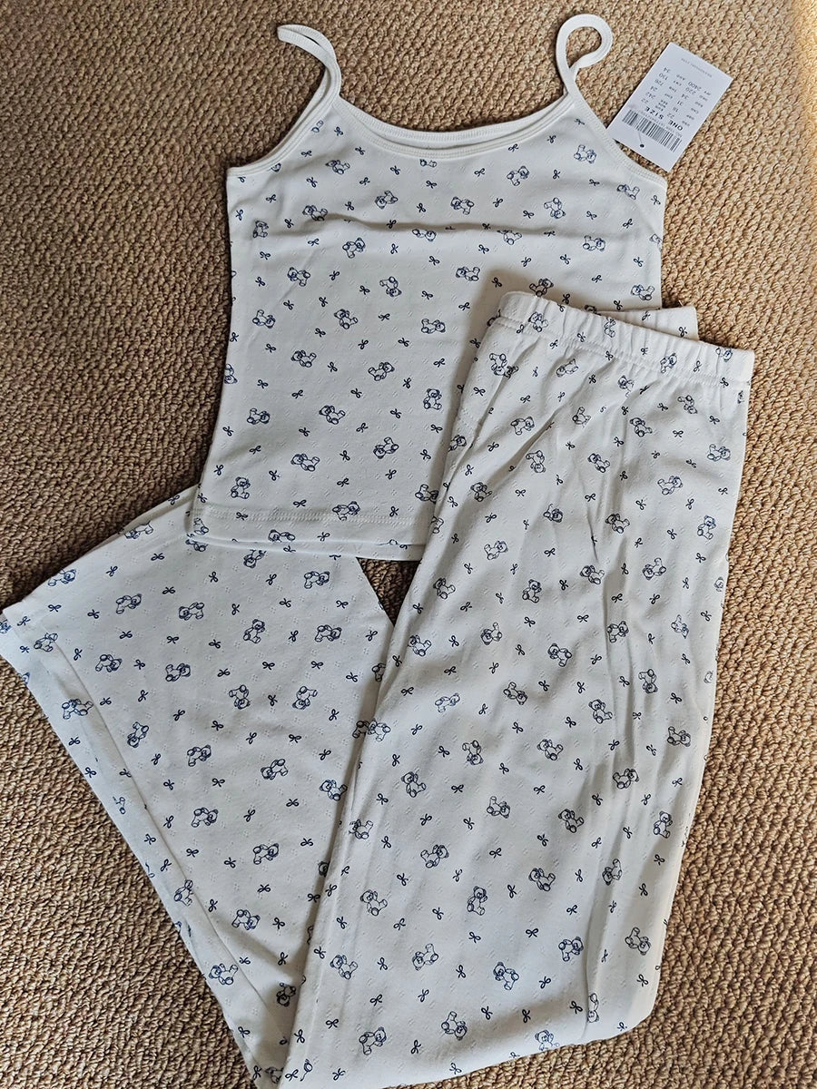 Skull Print Gray Vest Pants 2 Pieces Set Pajama Woman Sleeveless Slim Tank Top High Waist Straight Long Pant Cotton Vintage Sets
