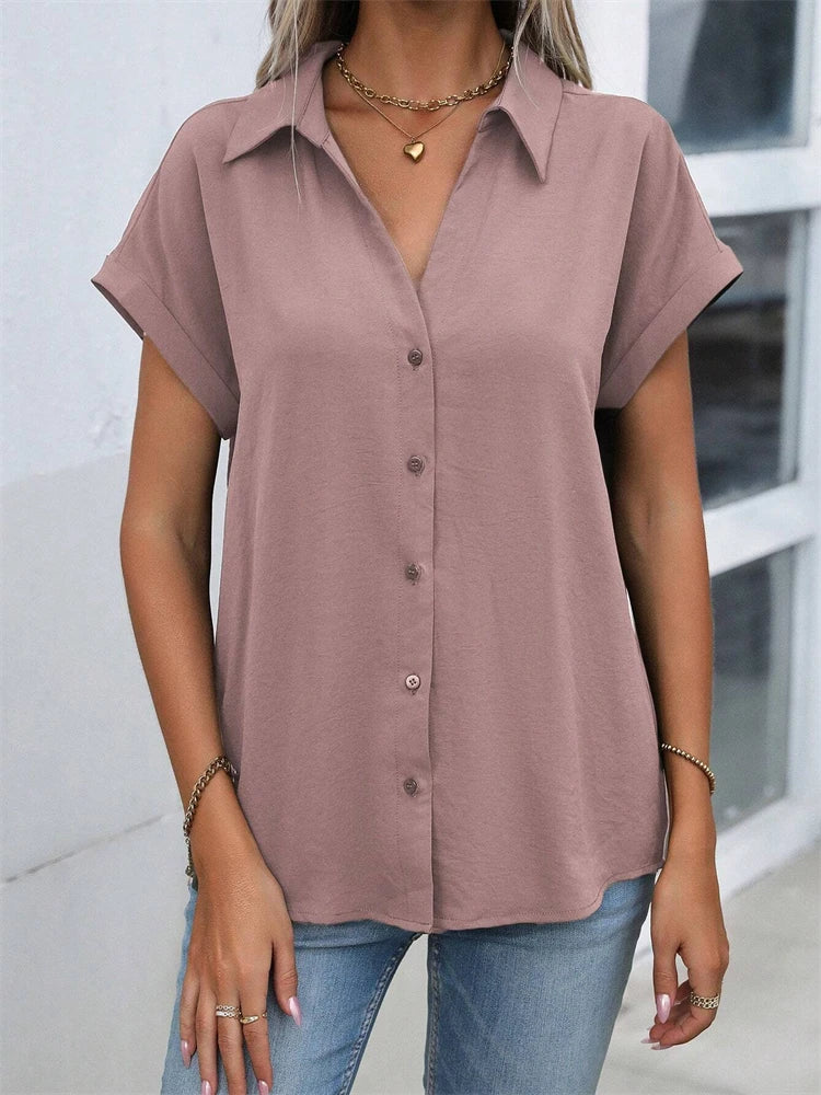 2025 Spring And Autumn New Solid Color Short-sleeved Shirt Fashion Loose Temperament Shirt Folding Blouse Ms. Home Rest Shirt
