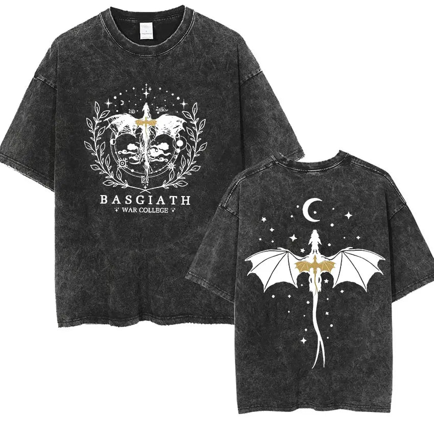 Basgiath War College Vintage Washed  T Shirts Fourth Wing Dragon Rider Print Short Sleeve T-shirt Men's Fashion Oversized Tshirt