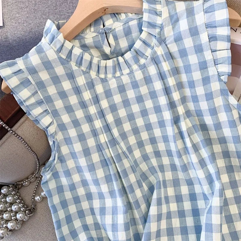 Korean Blouses Women Clothing Stand Neck Sleeveless Sweet Shirts 2025 Camisas De Mujer Loose Ruffles Ruffles Plaid Summer Blouse