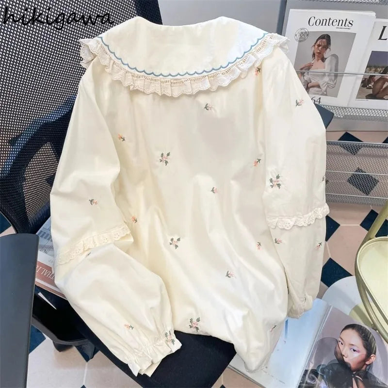 Rabbit Embroidery Peter Pan Collar Blouse Women Clothing Long Sleeve Floral Shirts 2025 Blusas Mujer De Moda Ruffles Sweet Tops