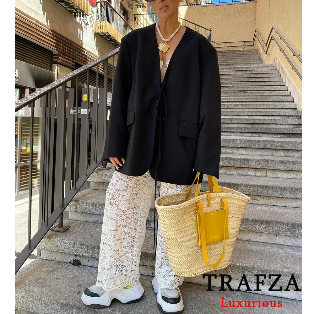 TRAFZA Casual Oversized Black Blazer Women V Neck Bow Tie Pockets Loose Jackets Fashion 2025 Streetwear Women Outwears