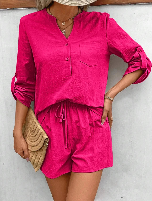 Summer women's two-piece set new cotton linen solid color V-neck pocket top drawstring shorts set 2024 fashionable casual women