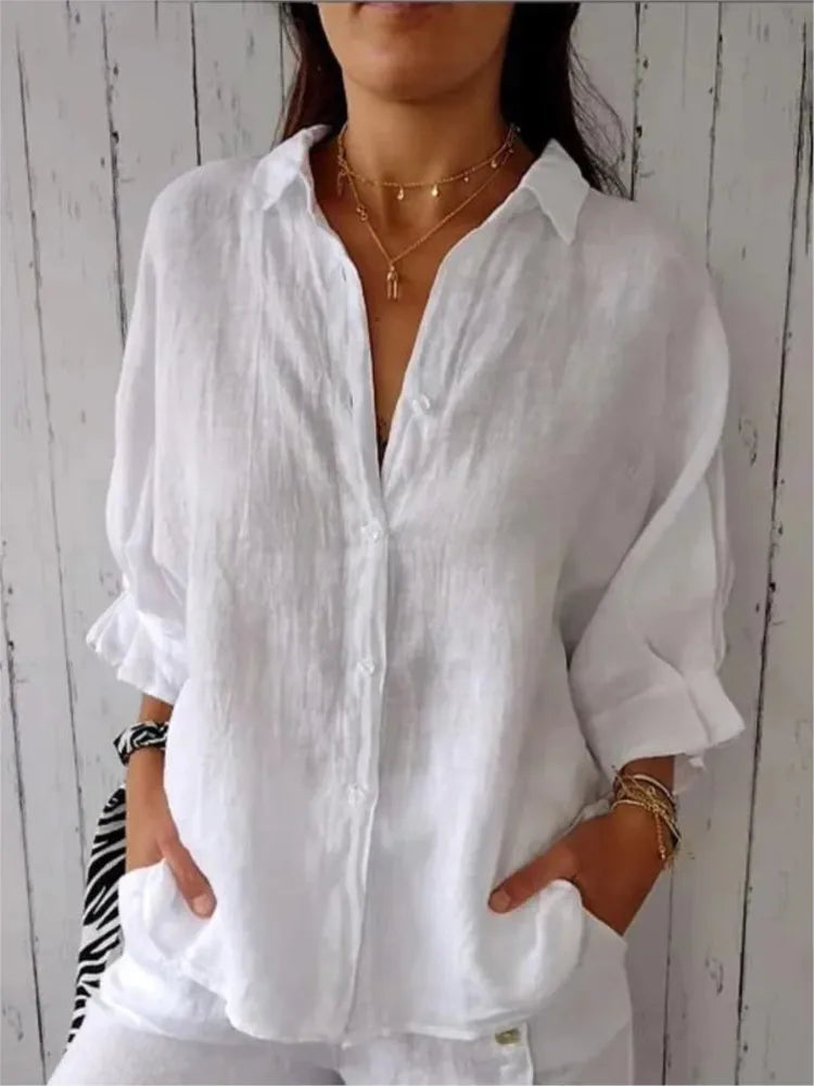 New Women Cotton Linen Shirts Elegant Back Bow Lace Up Solid Casual Shirt Spring Summer Lapel Half Sleeve Blouse Loose Tops