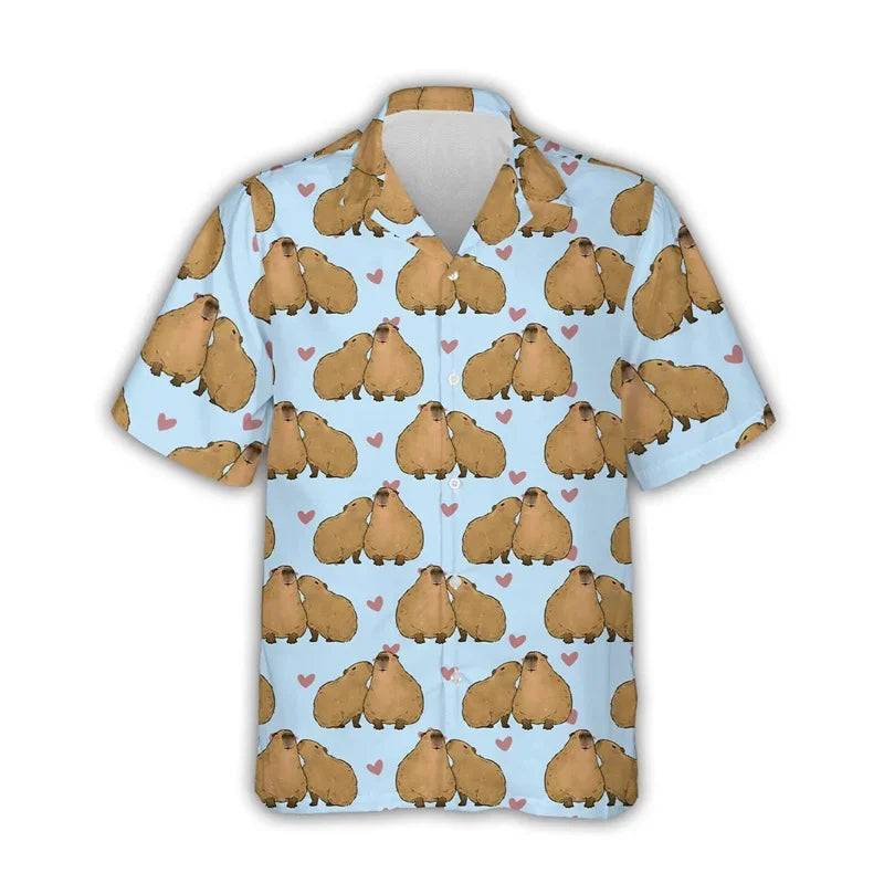 Kawaii Capybara Pattern Shirt Men's 3D Printed Hawaii Aloha Beach Men's Shirt Short Sleeve Cool Top Lapel Shirt
