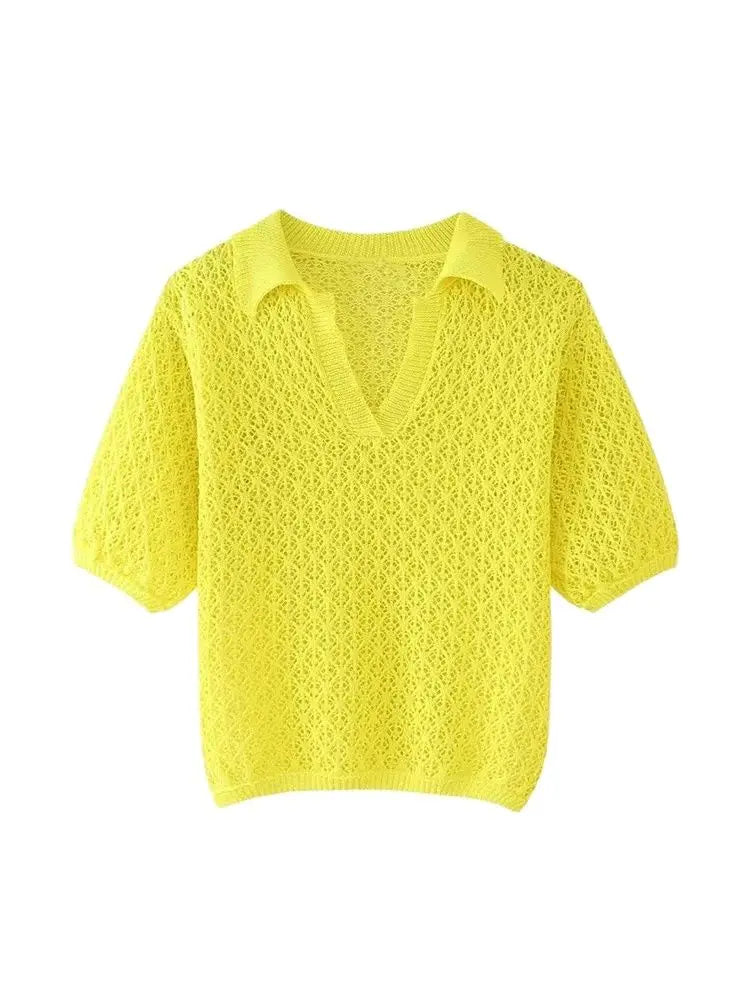 TRZA Women Fashion Pointelle Knit Loose Sweater Polo Collar Short Sleeve Female Pullovers Chic Tops