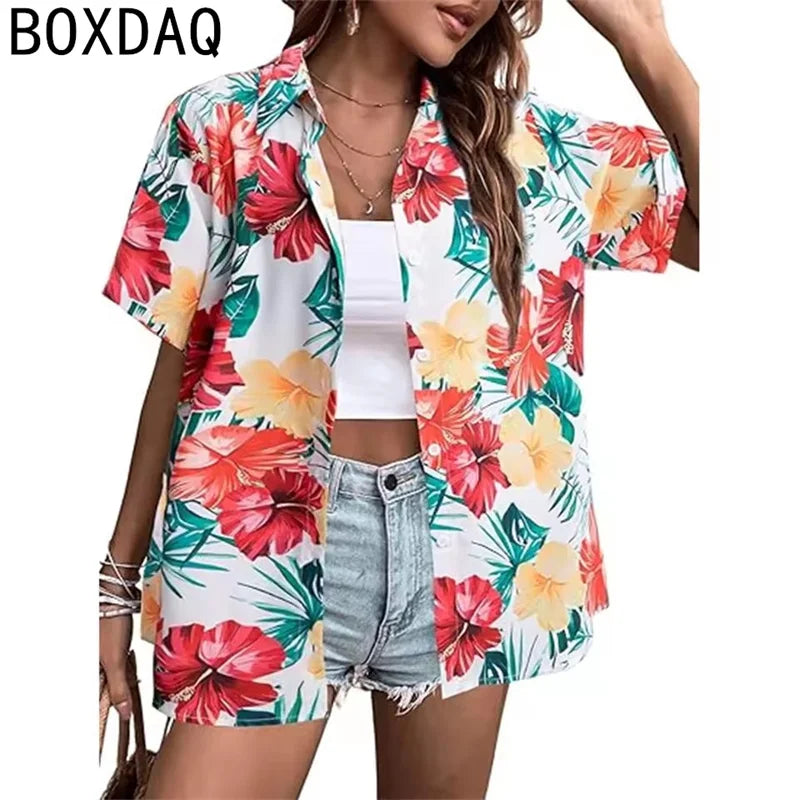 Tropical Coconut Tree Print Women's Hawaii Style Shirt Summer Lapel Short Sleeve Single Breasted Casual Personalized Shirt Tops
