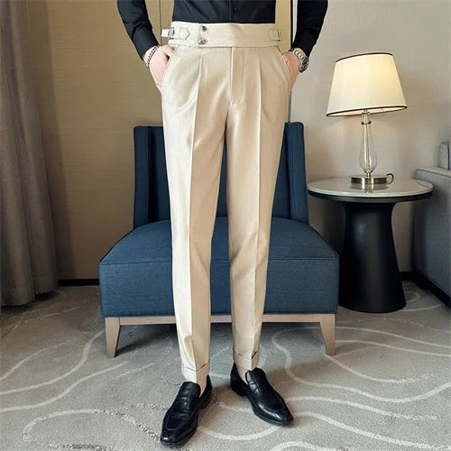 Pure Color Male Business Wedding Dress Pants Fashion Unique Design Men Waist Adjustable Suit Pant No Belt Slim Trousers Homme