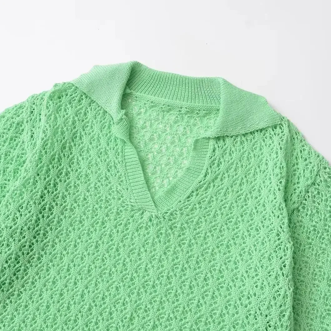 TRAFSHE Women Fashion Jacquard Solid Knitted Hollow Out Pullover Sweater Vintage Lapel Neck Short Sleeve Female Chic Lady Tops