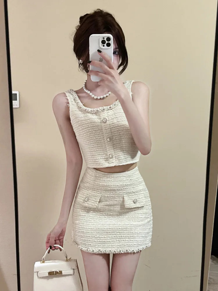 Summer French Luxury Beading Small Fragrance Two Piece Set Women Sweet Crop Top + Skirt Suits Korean Hotsweet Sexy 2 Piece Sets