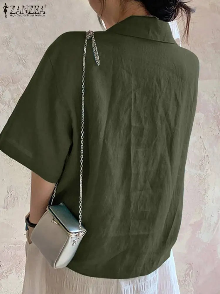2023 ZANZEA Summer Shirt Women Blouses Turn-Down-Collar 3/4 Sleeved Buttons Up Blouse Loose Tops OL Shirts Solid Blusas Tunic
