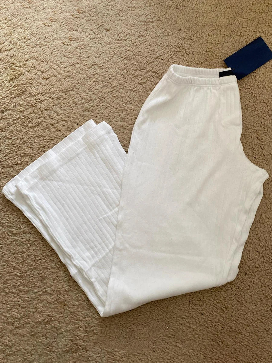 Eyelet White Tank Pant Home Set Woman Bow Slim Crop Top+Elastic High Waist Straight Trousers Summer Cotton Pajama 2 Piece Sets