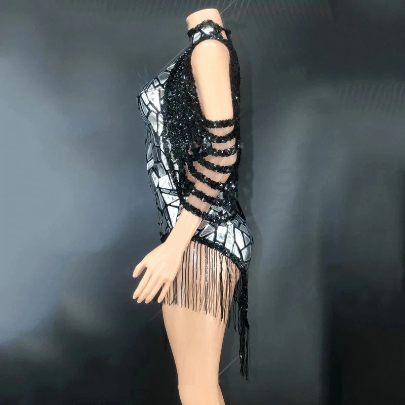 Black Night Out Stage Wear Drag Queen Outfit Sparkly Shinning Sequins Bodysuit Women Dancer Gogo DJ Nightclub Party Tassel