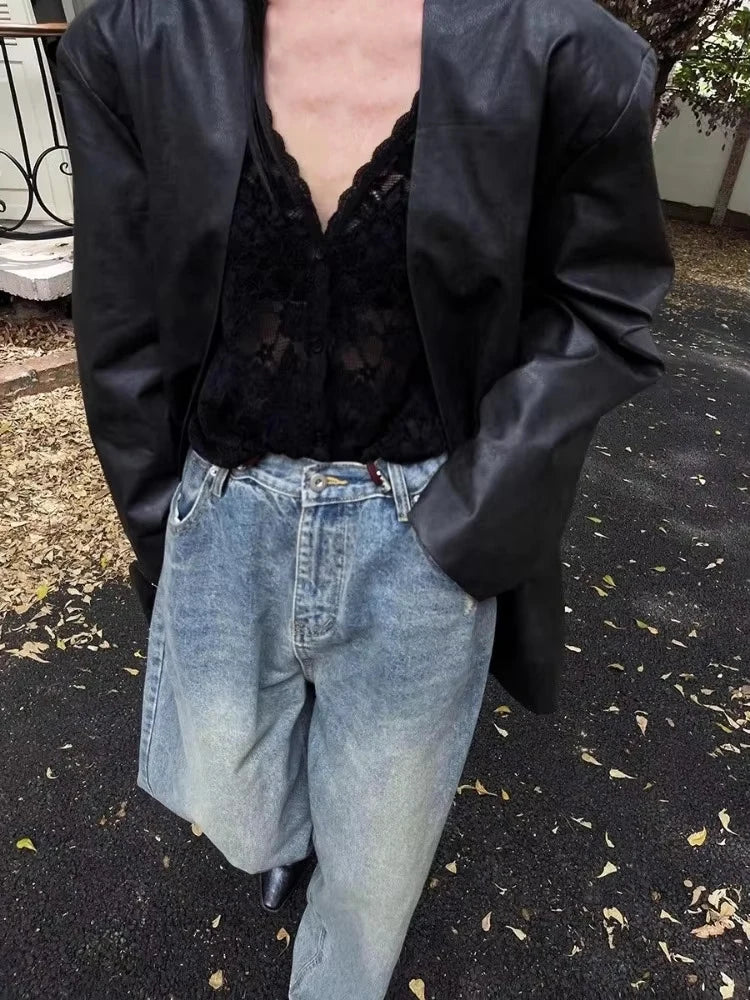 Sexy Lace See Through Grunge Blusas Y2k Aesthetic Single Breasted Oversized Women Blouse Vintage Embroidery Flower Harajuku Tops