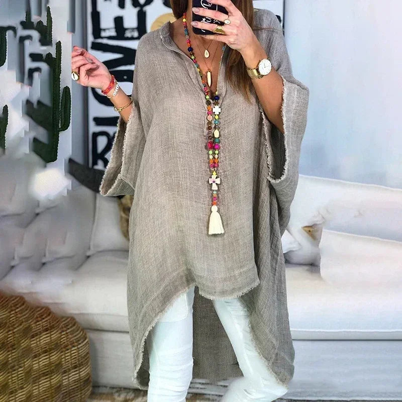 Lugentolo Large Size Blouses Women Linen Loose V-Neck Solid Three Quarter Casual Irregular Hem Womens Tops and Shirts