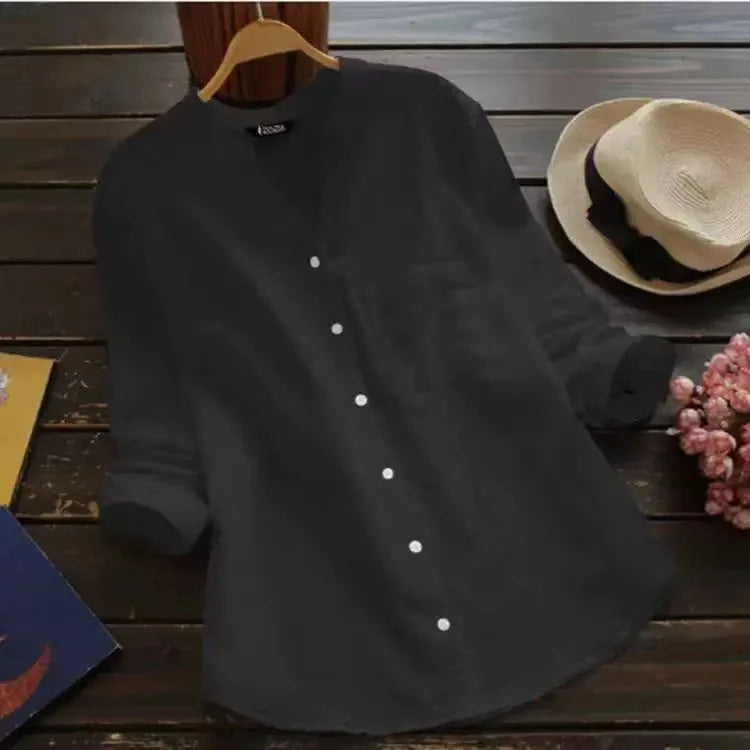 Women's Casual Retro Cotton And Linen Shirts Loose Solid Color V-neck Cardigan Button ladies Yellow White Autumn Shirt Tops