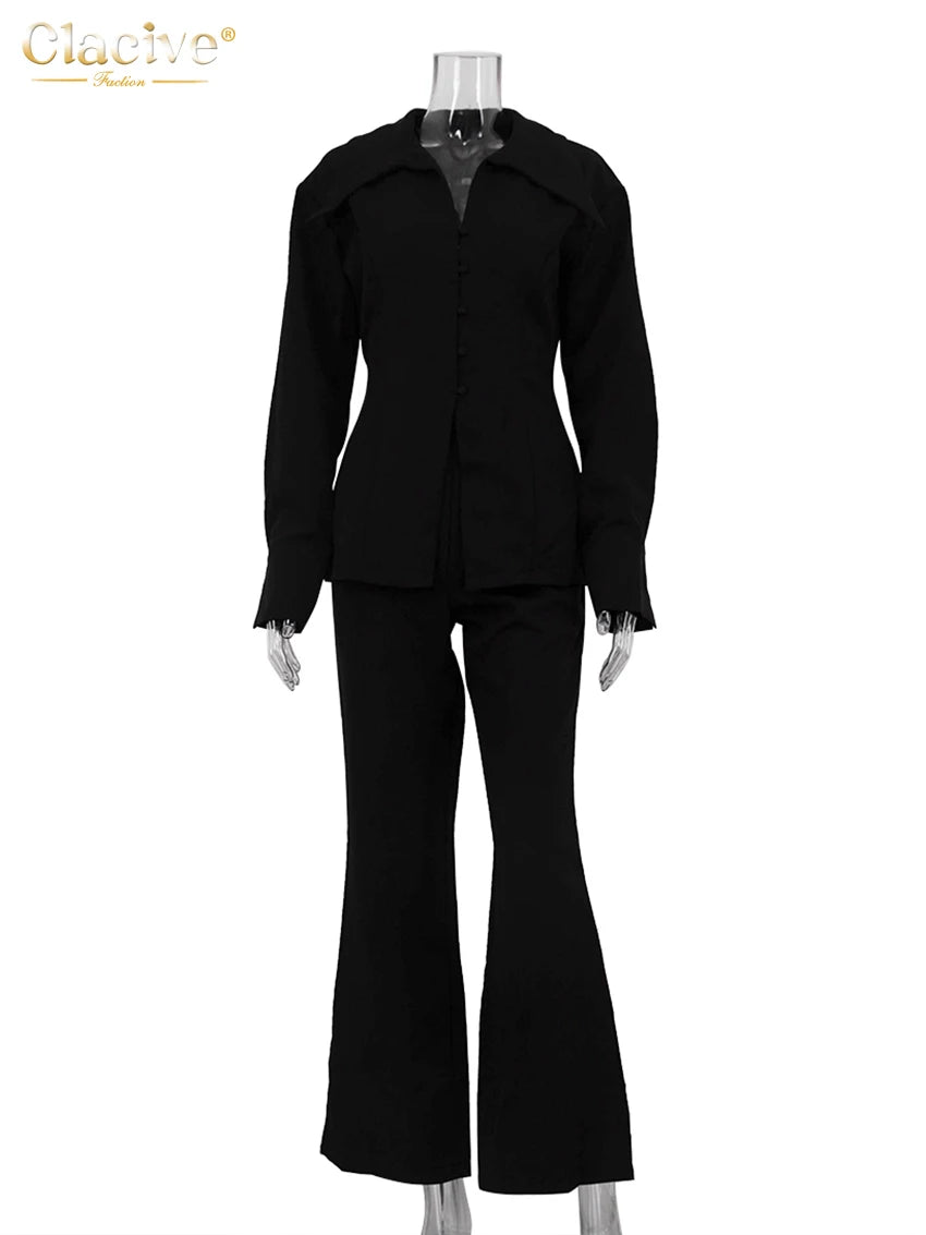 Clacive Bodycon Black Office 2 Piece Sets Women Outfit 2025 Fashion Long Sleeve Shirt With High Waist Pants Wide Set Female