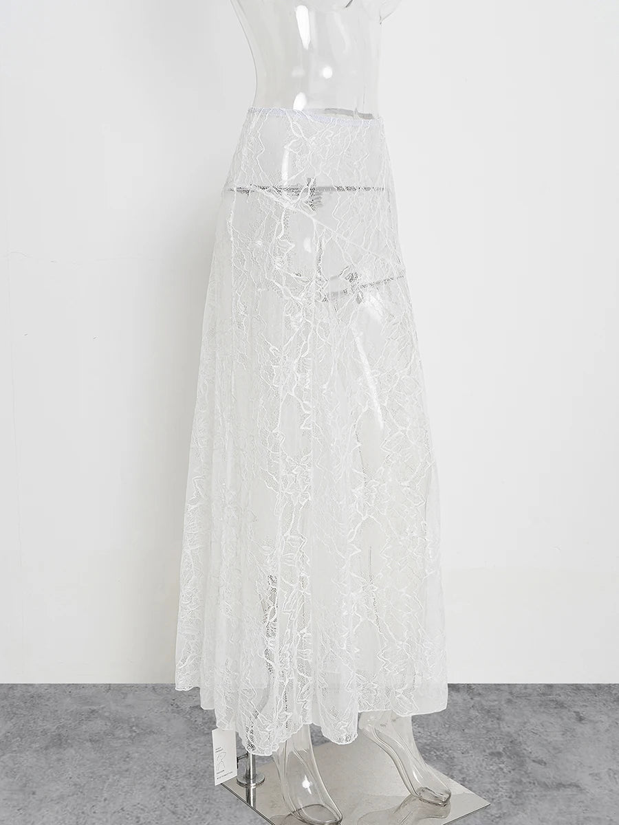Lace Jacquard Transperant Skirt Women Summer New High Waist Sexy Casual Long Skirts 2025 Streetwear Fashion White Maxi Skirt