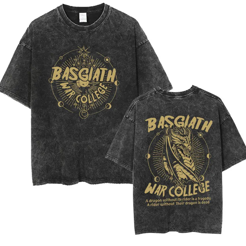 Basgiath War College Vintage Washed  T Shirts Fourth Wing Dragon Rider Print Short Sleeve T-shirt Men's Fashion Oversized Tshirt