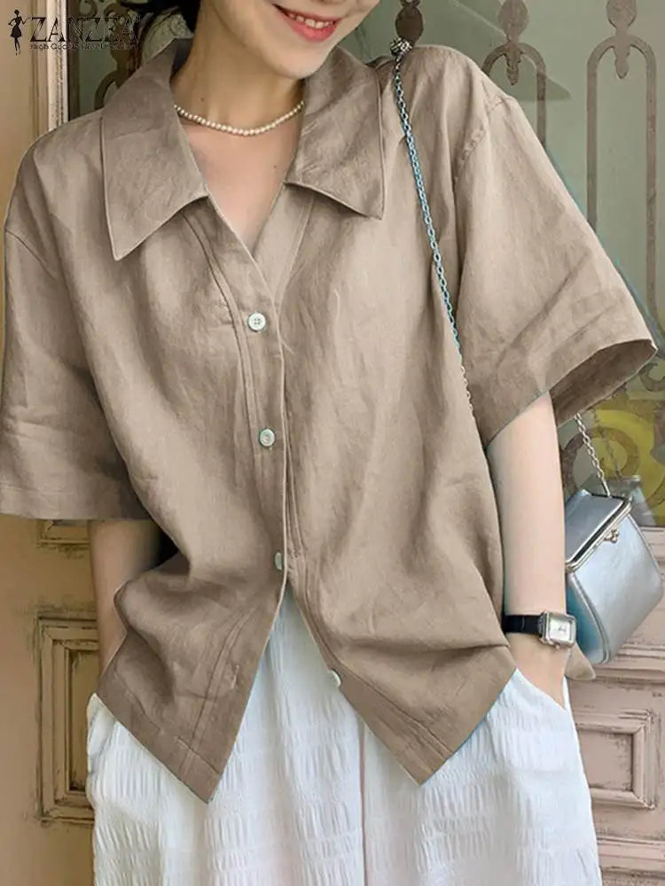 2023 ZANZEA Summer Shirt Women Blouses Turn-Down-Collar 3/4 Sleeved Buttons Up Blouse Loose Tops OL Shirts Solid Blusas Tunic