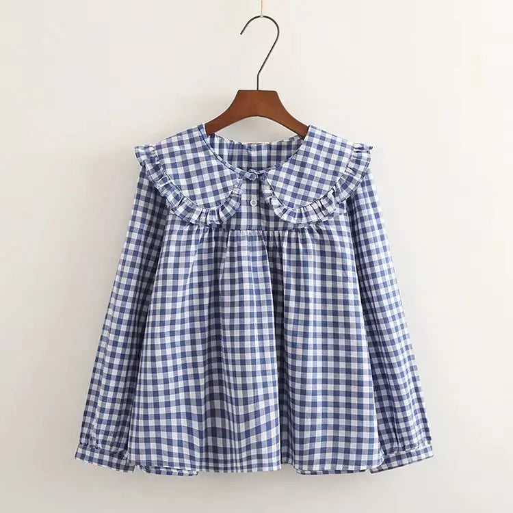 New Autumn Cotton White Shirts Women Student Sweet Tops Girl Peter Pan Collar Plaid Casual Cute Loose Blouses Spring T39132QM
