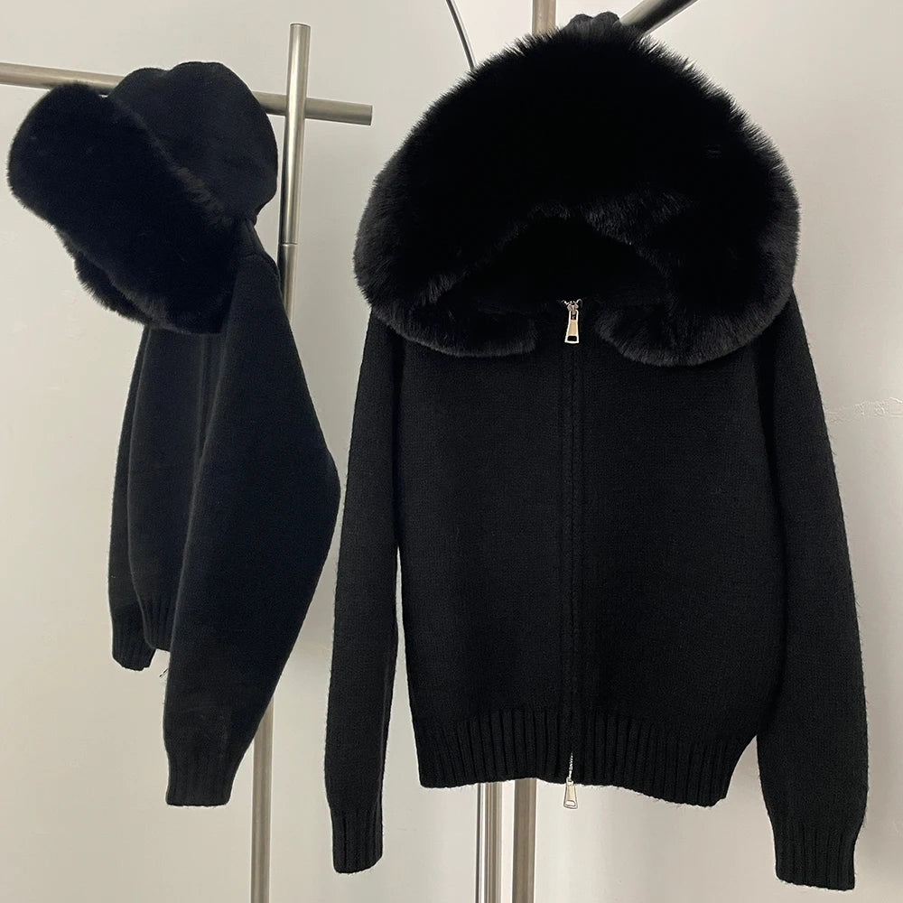 FURYOURSELF 2025 Autumn Winter Women's Short Knitted Sweater with Artificial Fur New Brazilian Best-selling Women's Cardigan