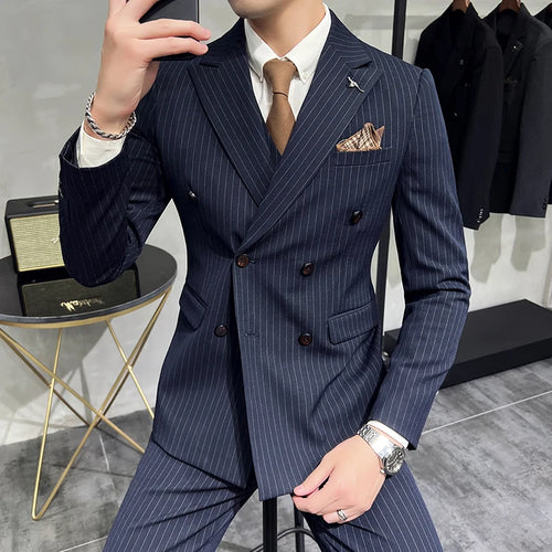 ( Blazer+Vest+Pants ) Groom Wedding Male Suit Luxury Brand Fashion Striped Men's Casual Business Office Double Breasted Suit