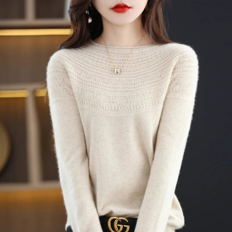 100% Merino Wool Knitted Sweater Autumn/Winter 2024 New Women's Round Neck Hollow Top 11 Color Pullover Versatile Coat NJR1107