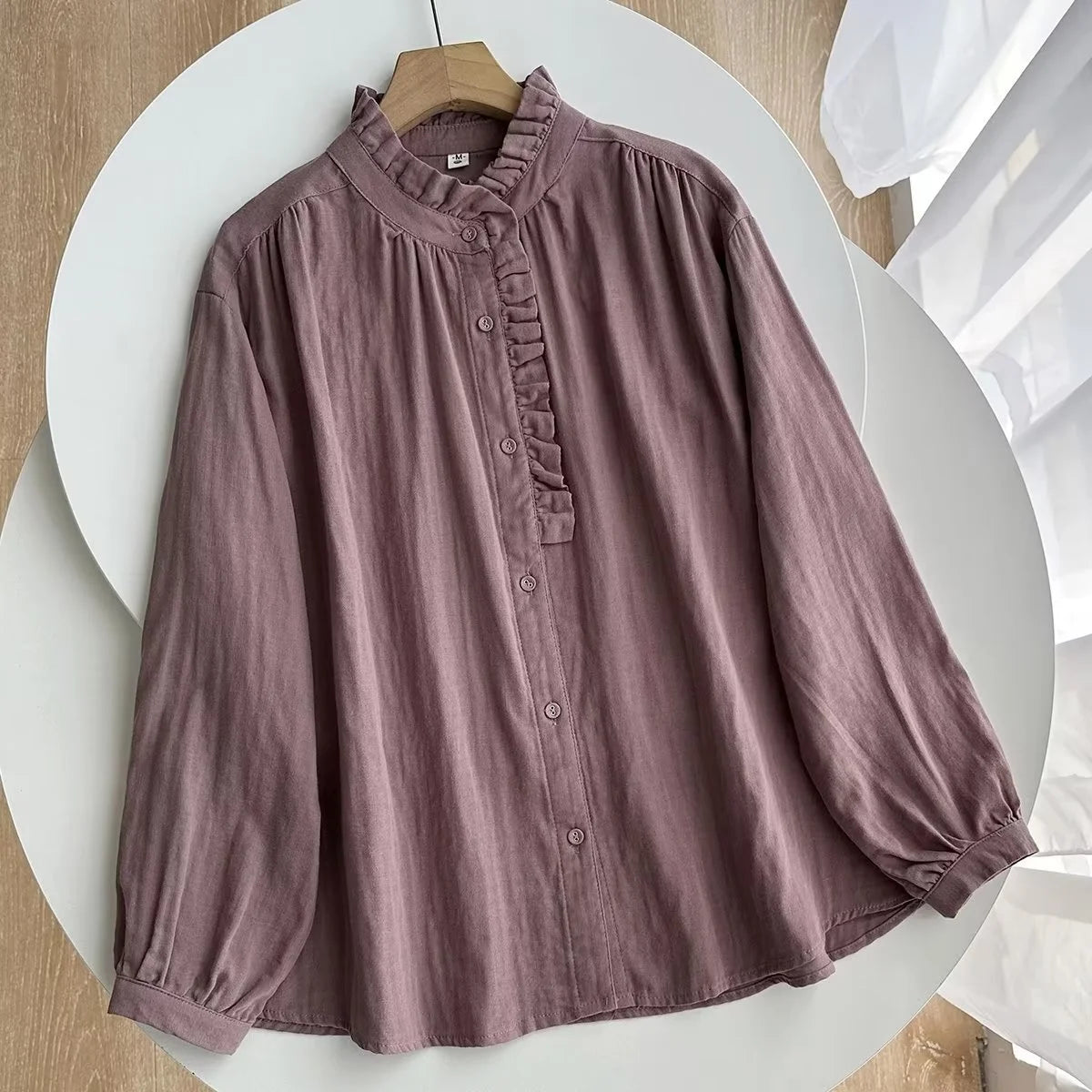 100% Cotton yarn blouses for women 2025 Japan style stand collar breathable sprint tops stringy selvedge solid base shirts