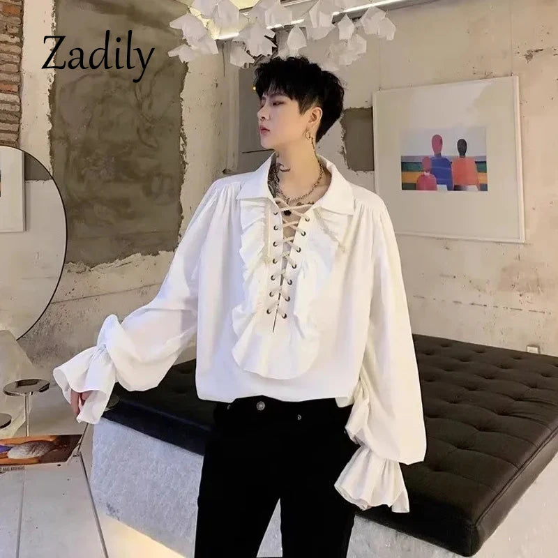Pirate Shirt Vampire Prince Poet Shirts 2024 All Season Medieval Buccaneer Frills Lace Up Renaissance Vintage Gothic Blouse Tops