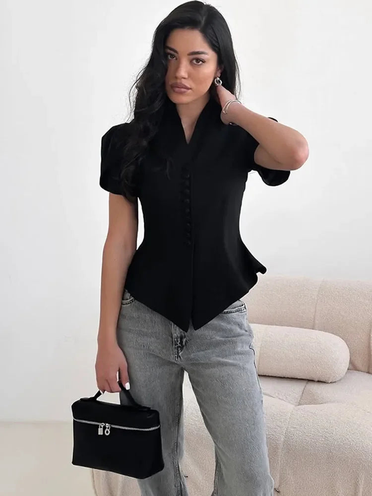 Elegant Women's Irregular Shirts Short Sleeve Waist-Closed Button V-Neck Lady Top 2025 Summer Fashion Female Street Outwear