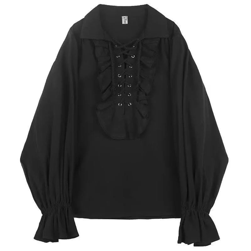 Pirate Shirt Vampire Prince Poet Shirts 2024 All Season Medieval Buccaneer Frills Lace Up Renaissance Vintage Gothic Blouse Tops