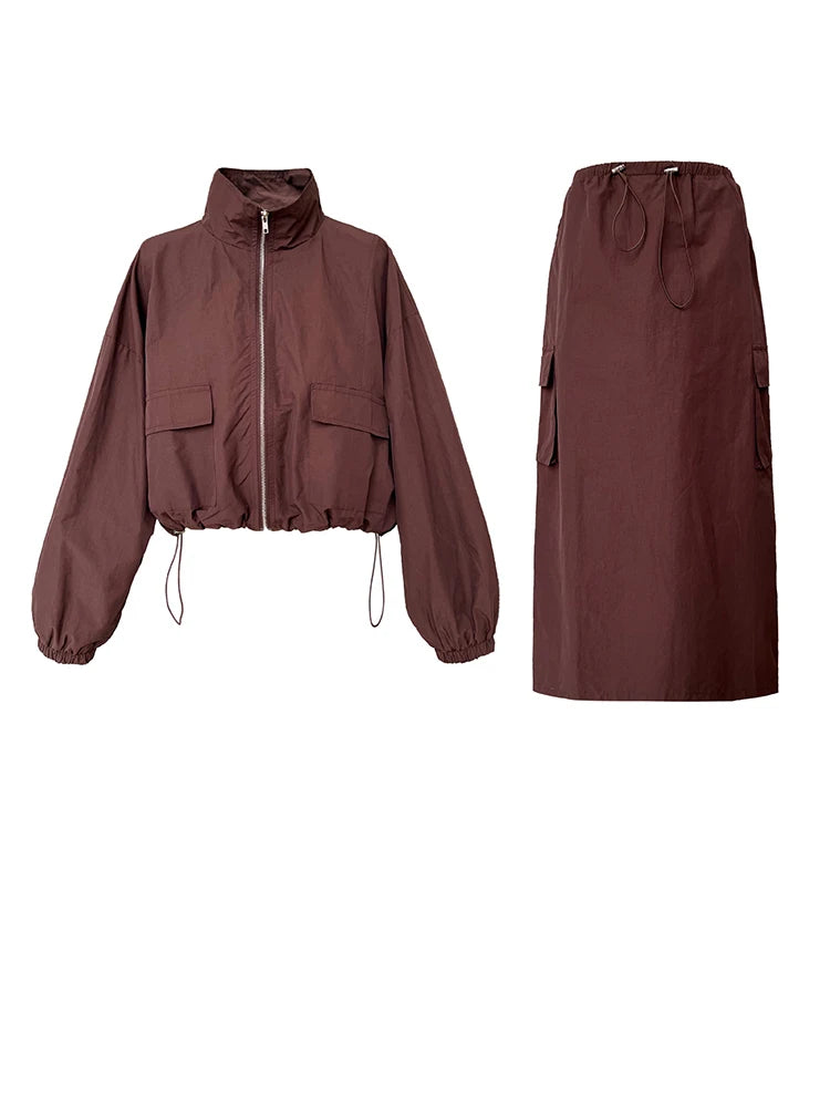 [EAM] Jacket Drawstring Big Size Half-body Skirt Two Pieces Suit New Stand Collar Women Fashion Spring Autumn 2025 1DH0976