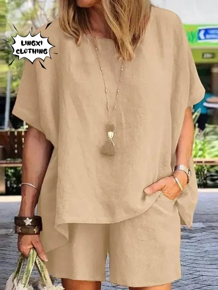 2024 Summer Fashion Cotton and Hemp New Elegant Women's Casual Two Piece Set Short Sleeved Top Waist Wide Leg Pants Set