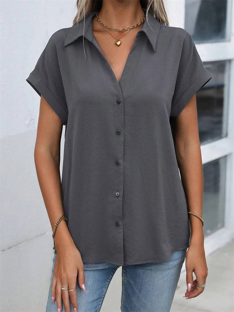 2025 Spring And Autumn New Solid Color Short-sleeved Shirt Fashion Loose Temperament Shirt Folding Blouse Ms. Home Rest Shirt