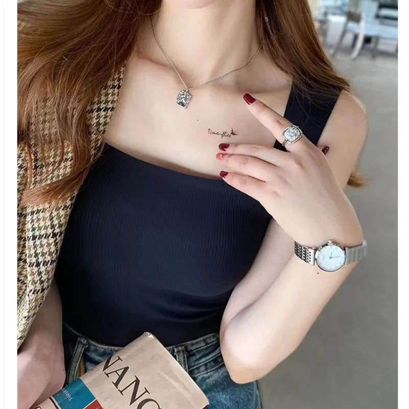 For 40-75kg Ice Silk Plus Size Tank Tops WIth Chest Pad Square Collar Thread One-Piece Cup Seamless Camisole Top For Women
