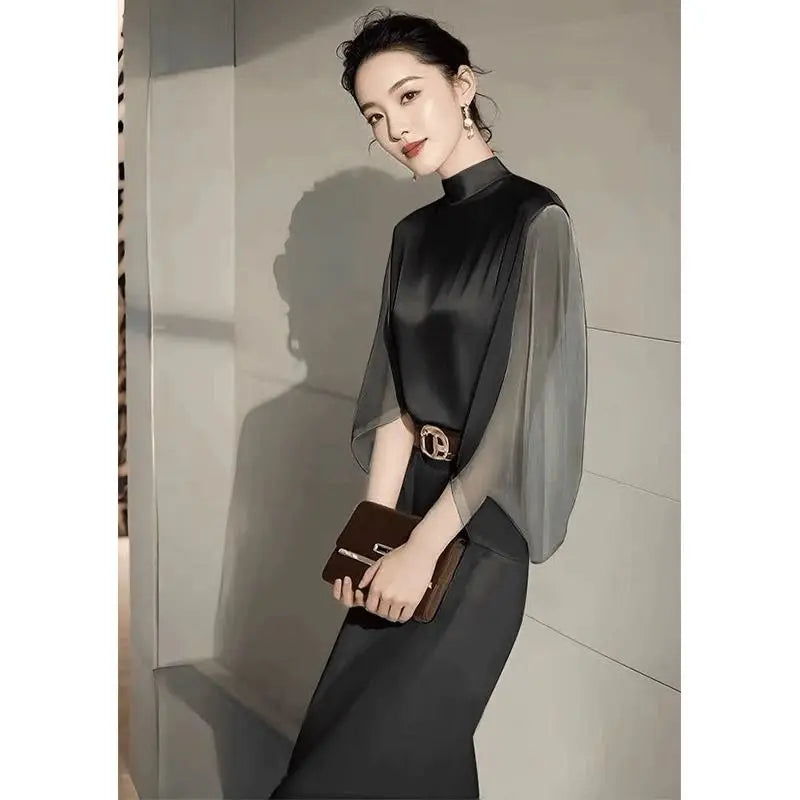 Dopamine French Black Chiffon Shirt Women's Long Sleeved Autumn New Beautiful Small Shirt Western-style Unique and Chic Top
