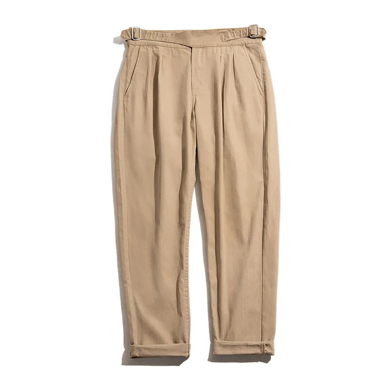 Maden Vintage Adjustable High Waist Gurkha Pants Men's Casual  Double Pleated  Straight Tapered Pants Amekaji Cotton Trousers