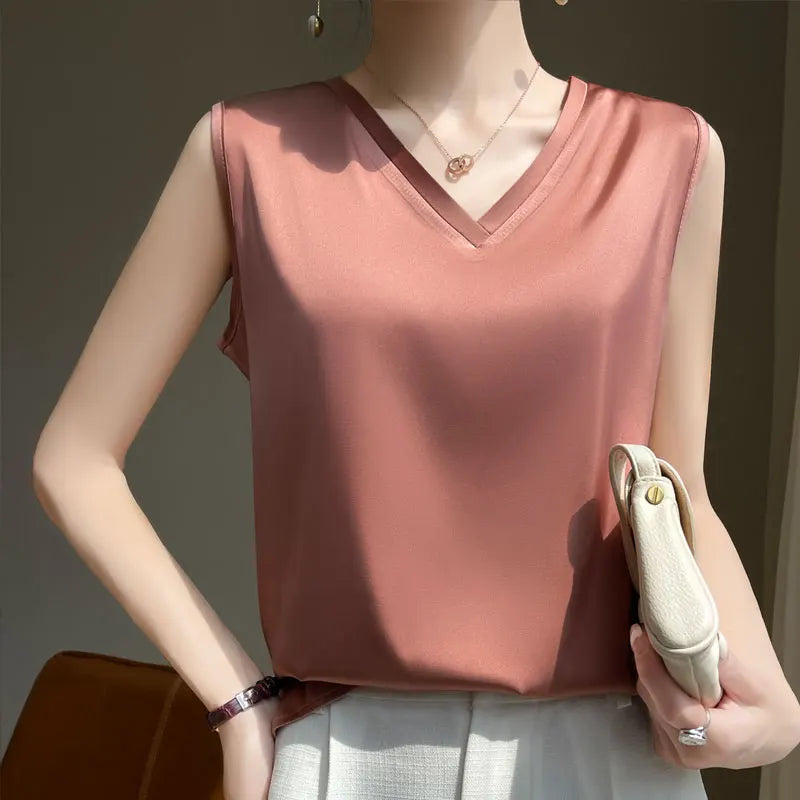 V-Neck Silk Vest Women's Summer Short-Sleeved Blouse With Acetic Acid Satin Top Sleeveless Bottoming Shirt YTM A39