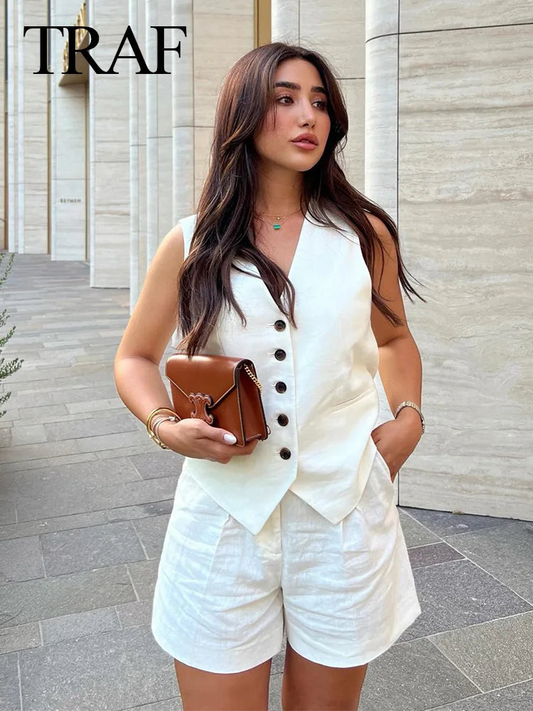 TRAFZA Women Vinatge Fashion Shorts Set Solid White Sleeveless Vest+Pockets Pants Female Two Pieces Set Street Roupa De Mujer