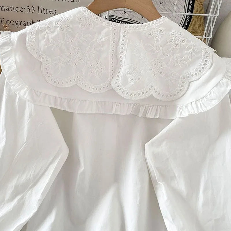 Preppy Style Peter Pan Collar White Shirt Women Spring Summer Long Sleeve Casual Loose Student Blouses Kawaii Button-Up Shirts