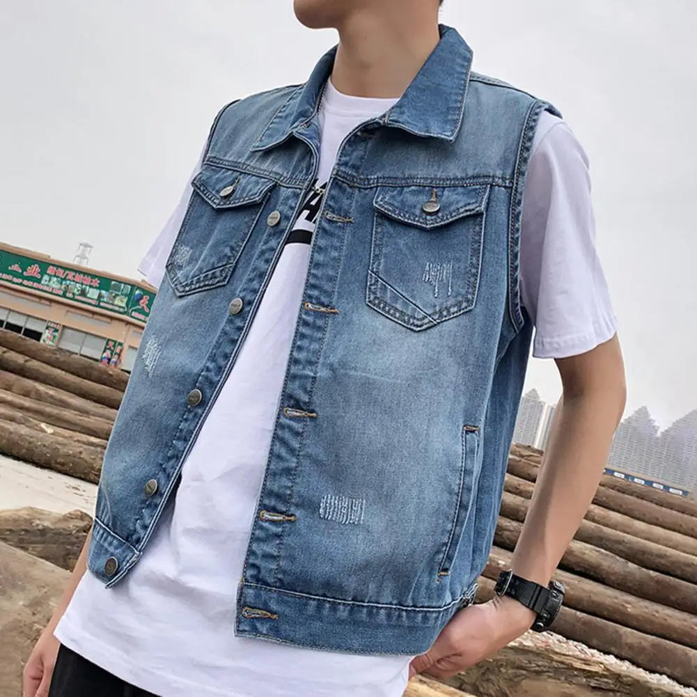 Denim Waistcoat Men's Sleeveless Denim Jacket with Ripped Holes Pockets Single Breasted Washed Waistcoat for Casual Loose Fit