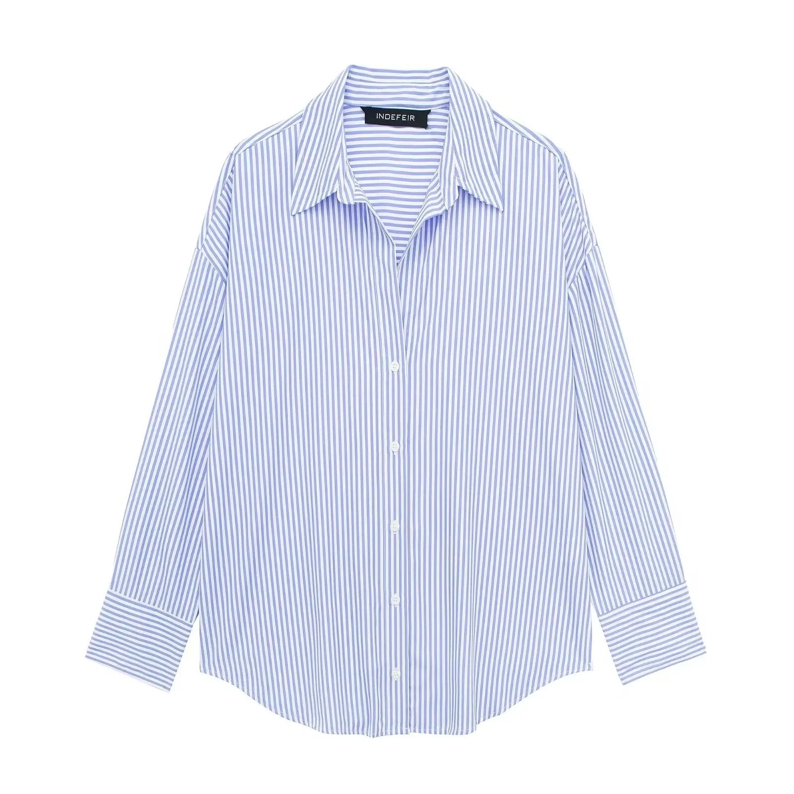 TRAFZA 2024 Spring New Women's Poplin Office Shirt Chic V Neck Single Breasted Elegant Women's Striped Casual Shirt Streetwear